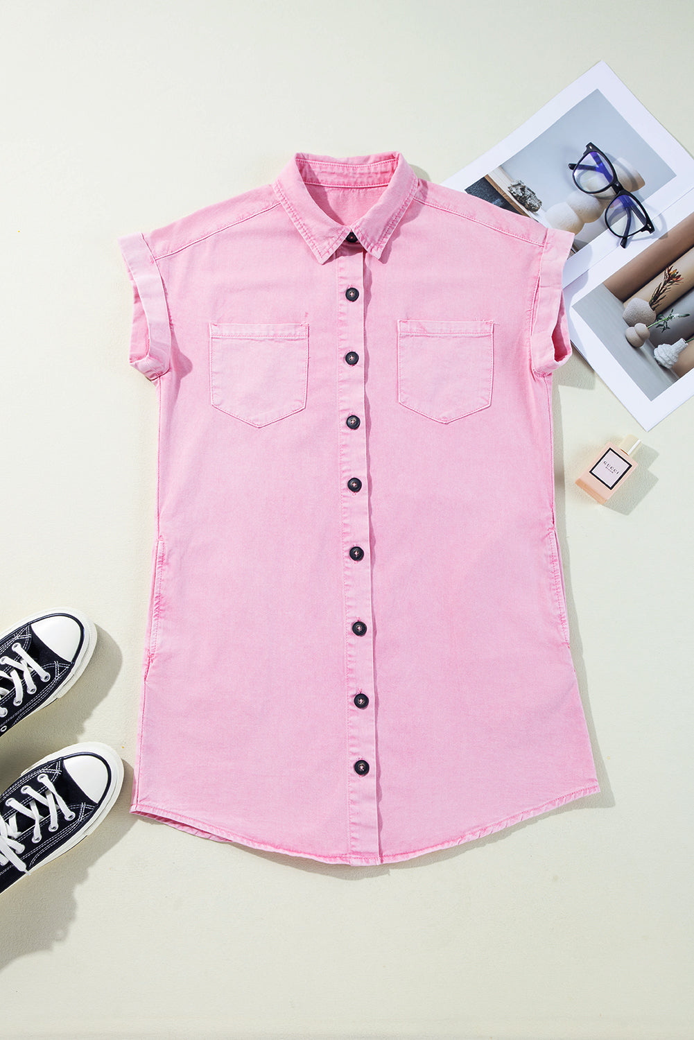 Pink Short Sleeve Double Chest Pocket Denim Shirt Dress Mini Dresses JT's Designer Fashion