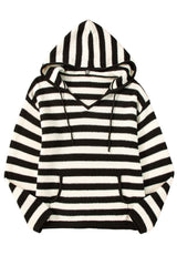 White Stripe V Neck Pocketed Drawstring Hooded Sweater Sweaters JT's Designer Fashion