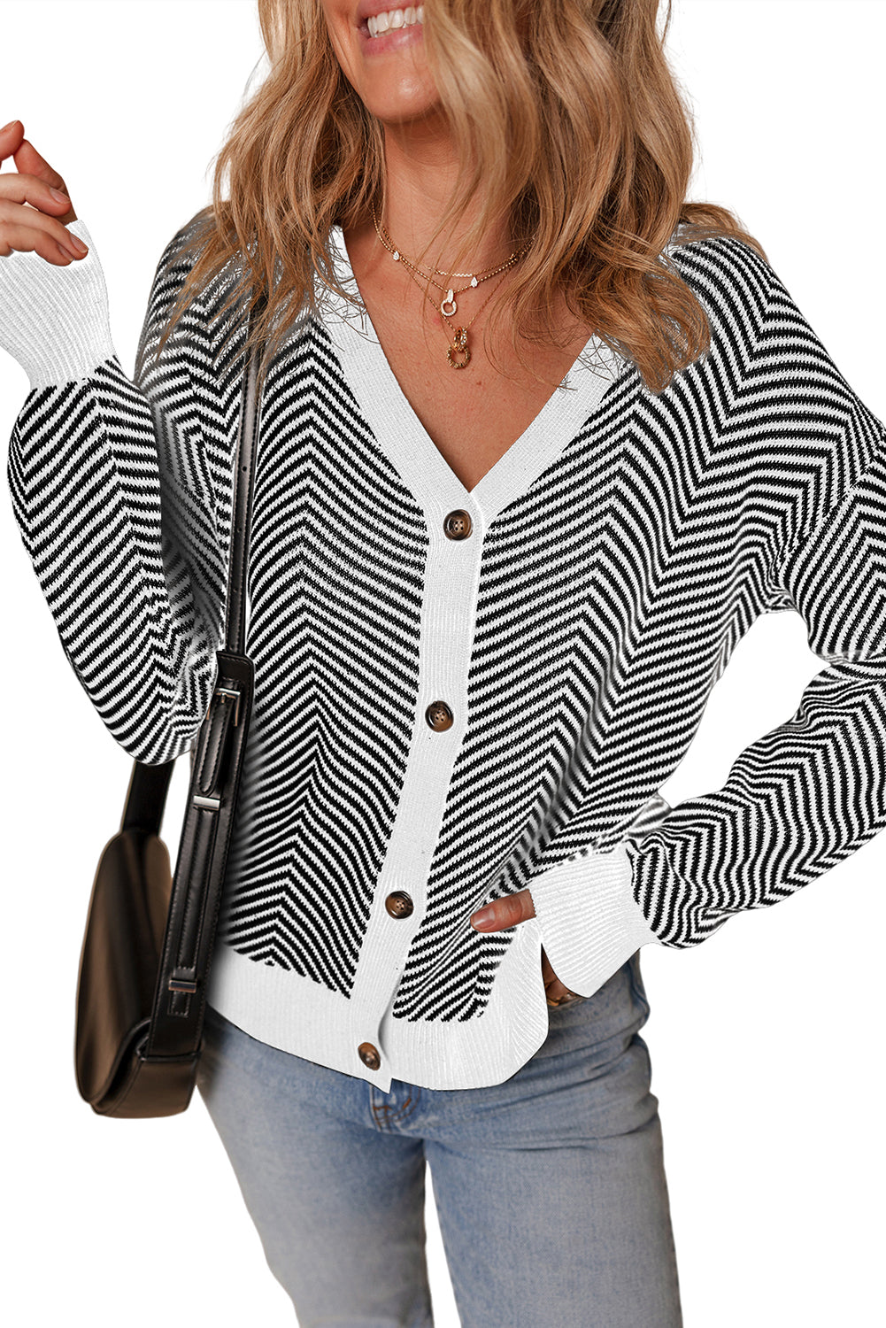 Black Stripe Buttoned Front V Neck Herringbone Cardigan Cardigans JT's Designer Fashion