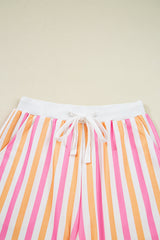 Pink Stripe Drop Shoulder Half Sleeve Loose Tee and Shorts Casual Set Short Sets JT's Designer Fashion