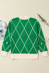 Dark Green Diamond Pattern Pom Accents Contrast Trim High Neck Sweater Sweaters JT's Designer Fashion