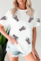 White Sequined Lobster Crewneck Tee Graphic Tees JT's Designer Fashion