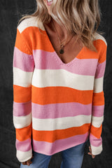 Orange Stripe Colorblock V Neck Casual Sweater Sweaters JT's Designer Fashion