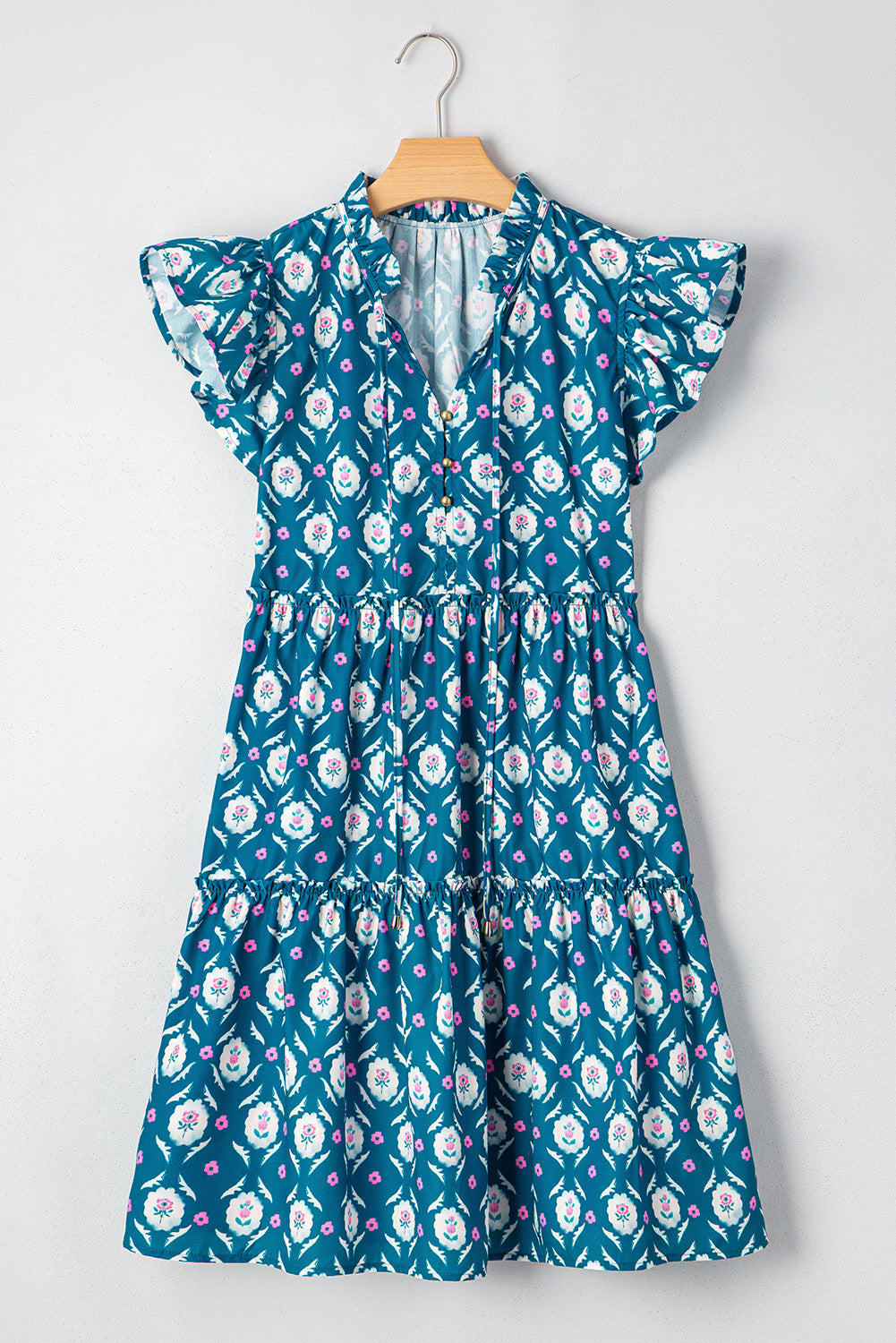 Blue Retro Floral Print Split Neck Ruffle Short Sleeve Dress Floral Dresses JT's Designer Fashion