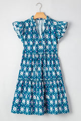 Blue Retro Floral Print Split Neck Ruffle Short Sleeve Dress Floral Dresses JT's Designer Fashion