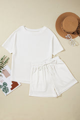 White Casual Textured Tee and Drawstring Shorts Set Short Sets JT's Designer Fashion