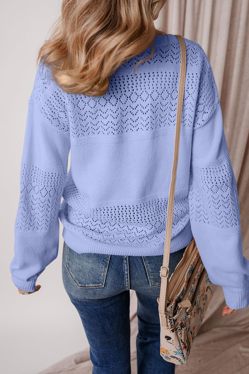 Sky Blue Eyelet Pattern Detail V Neck Drop Shoulder Sweater Sweaters JT's Designer Fashion