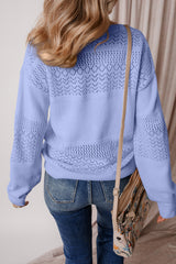 Sky Blue Eyelet Pattern Detail V Neck Drop Shoulder Sweater Sweaters JT's Designer Fashion