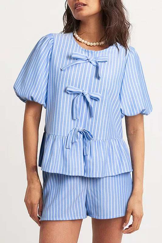 Sky Blue Striped Bowknot Detail Puffy Sleeve Top and Shorts 2Pcs Set Sky Blue 85%Polyester+15%Viscose Short Sets JT's Designer Fashion