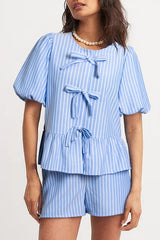 Sky Blue Striped Bowknot Detail Puffy Sleeve Top and Shorts 2Pcs Set Sky Blue 85%Polyester+15%Viscose Short Sets JT's Designer Fashion