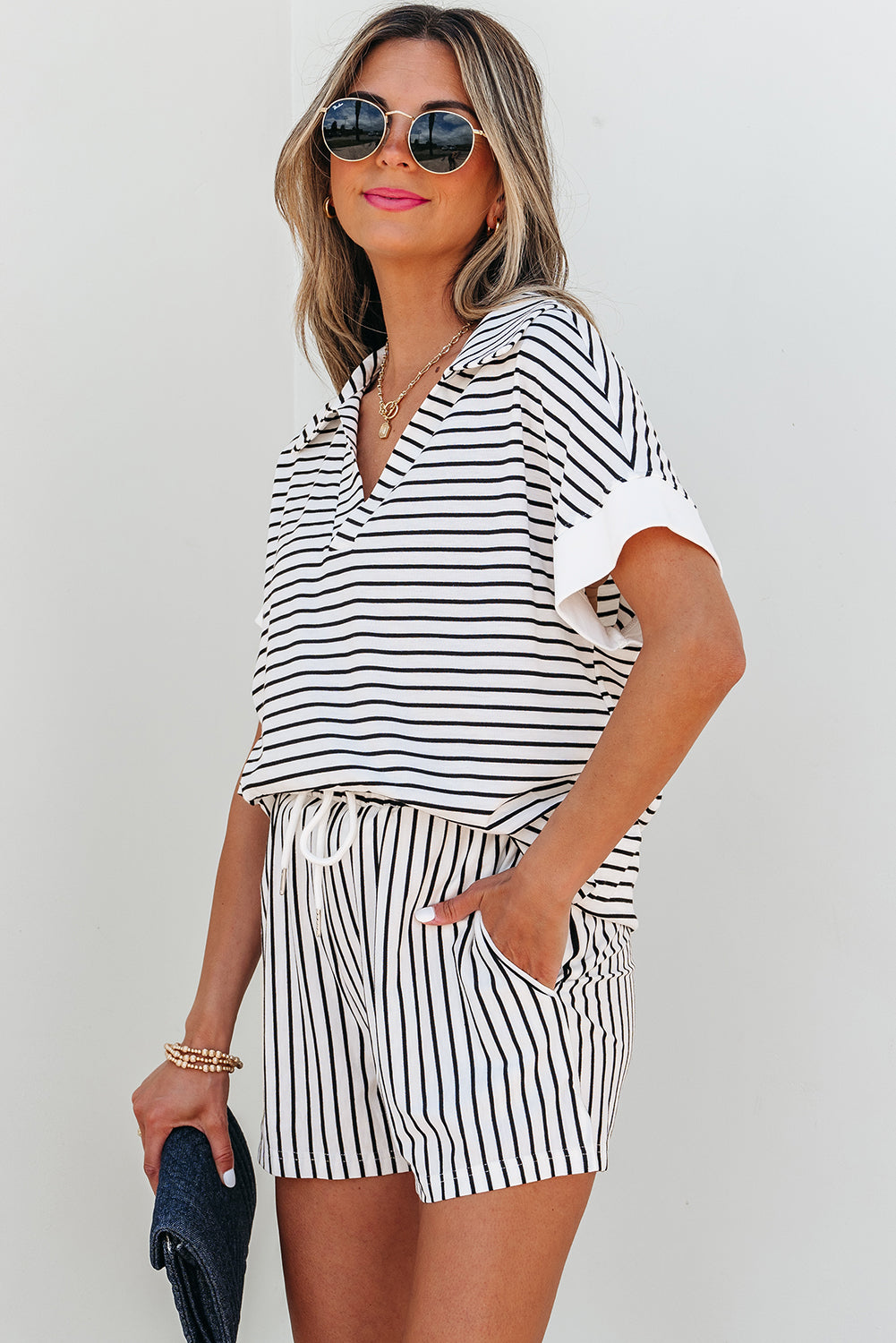 Black Stripe V Neck Tee and Casual Short Set Short Sets JT's Designer Fashion
