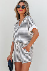Black Stripe V Neck Tee and Casual Short Set Short Sets JT's Designer Fashion