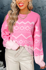 Pink Western Aztec Geometric Drop Shoulder Sweater Sweaters JT's Designer Fashion