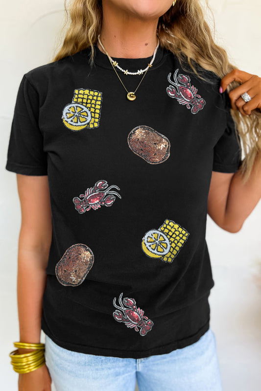 Black Sequin Crawfish Potato Lemon Corn Graphic Crewneck T Shirt Graphic Tees JT's Designer Fashion