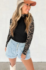 Black Floral Lace Patchwork Long Sleeve High Neck Slim Top Long Sleeve Tops JT's Designer Fashion