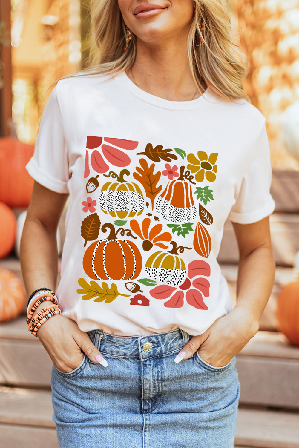 White Pumpkin Flower Print Fall Graphic Cotton Blend Tee Graphic Tees JT's Designer Fashion