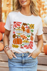 White Pumpkin Flower Print Fall Graphic Cotton Blend Tee Graphic Tees JT's Designer Fashion