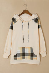 Khaki Plaid Patchwork Kangaroo Pocket Oversized Hoodie Sweatshirts & Hoodies JT's Designer Fashion