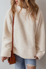 White Solid Fleece High Neck Drop Shoulder Pullover Sweatshirt Sweatshirts & Hoodies JT's Designer Fashion