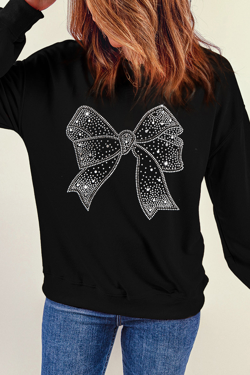 Black Rhinestone Bowknot Graphic Crewneck Pullover Sweatshirt Graphic Sweatshirts JT's Designer Fashion