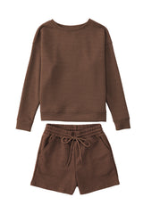 Brown Textured Long Sleeve Top and Drawstring Shorts Set Short Sets JT's Designer Fashion