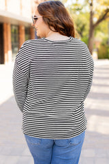 Black Stripe Drop Shoulder Puff Long Sleeve O Neck Plus Size T Shirt Plus Size Long Sleeve Tops JT's Designer Fashion