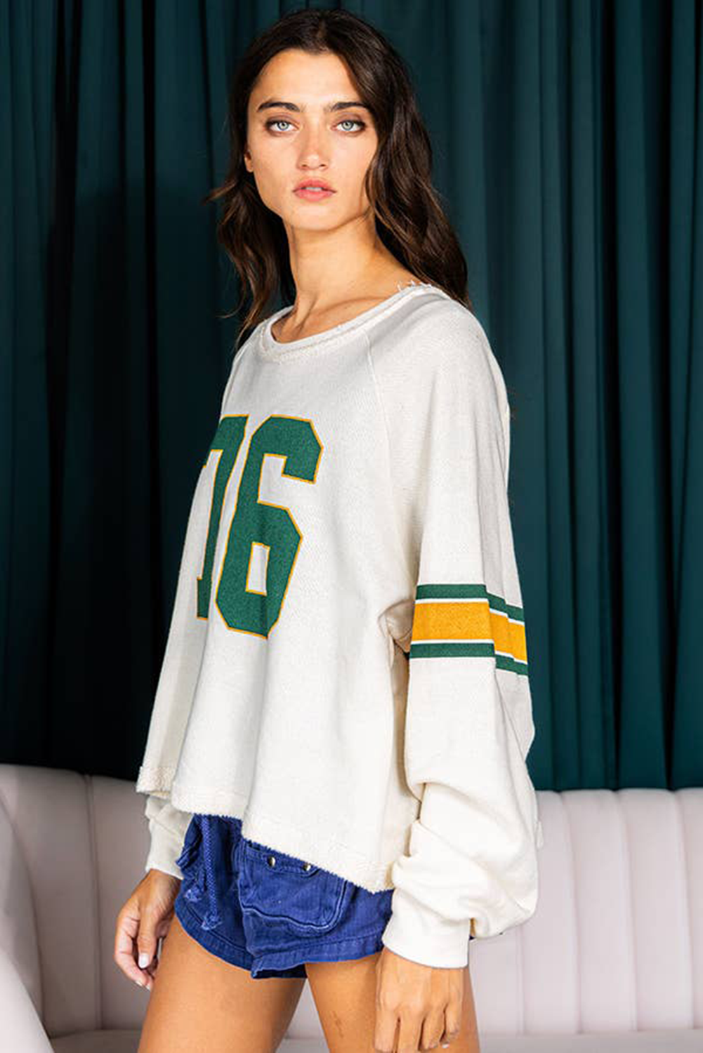 White Number 76 Printed Retro Sporty Long Sleeve Top Long Sleeve Tops JT's Designer Fashion