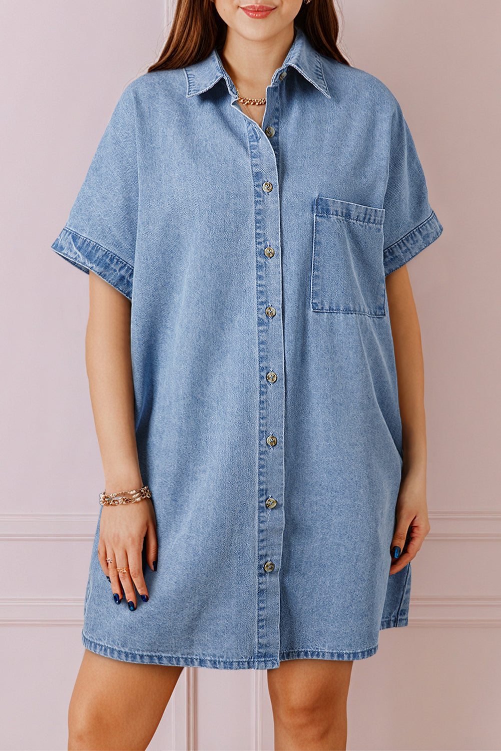 Dusk Blue Short Sleeve Pocketed Button up Denim Tunic Dress Mini Dresses JT's Designer Fashion