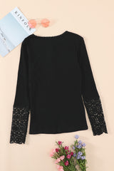 Black Crochet Lace Hem Sleeve Button Top Long Sleeve Tops JT's Designer Fashion
