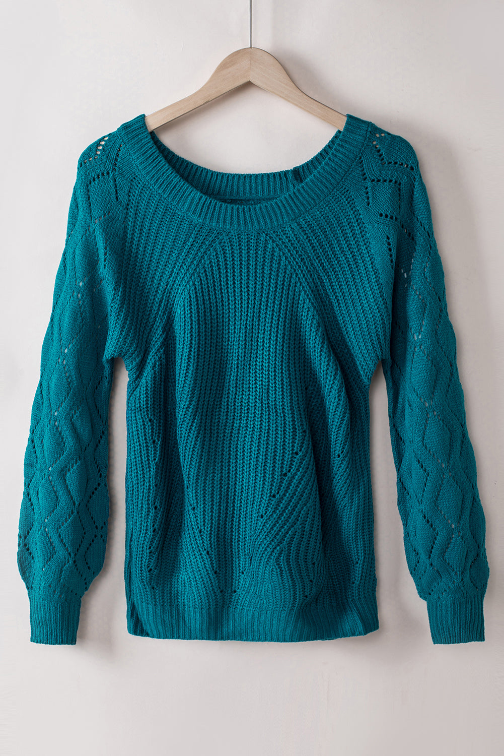Blue Hollow-out Puffy Sleeve Knit Sweater Sweaters JT's Designer Fashion