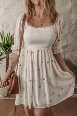 Beige Embroidered Flower Smocked Bust Half Puff Sleeve Empire Waist Textured Flowy Dress Mini Dresses JT's Designer Fashion