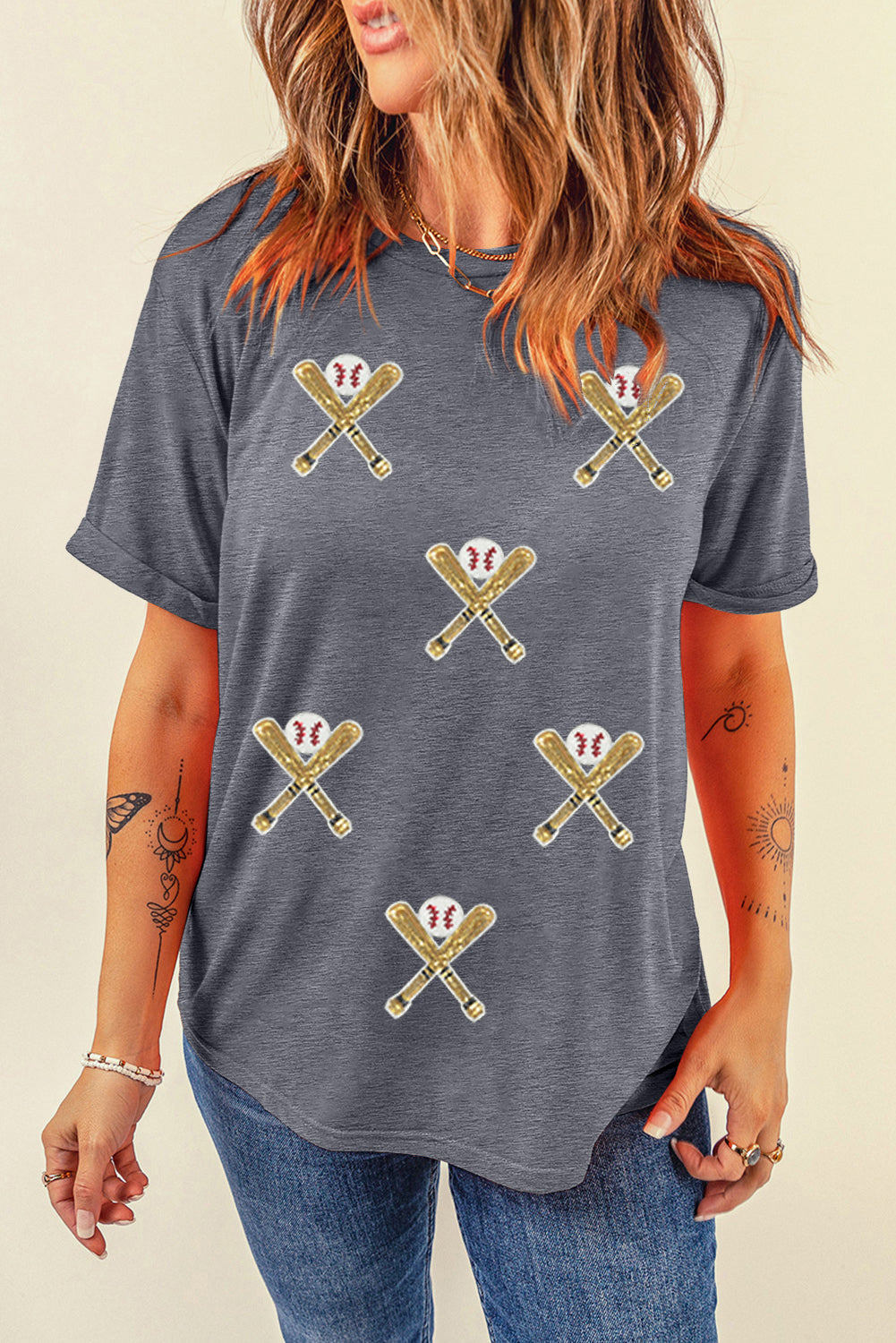 Gray Sequined Game Day Casual Tee Graphic Tees JT's Designer Fashion