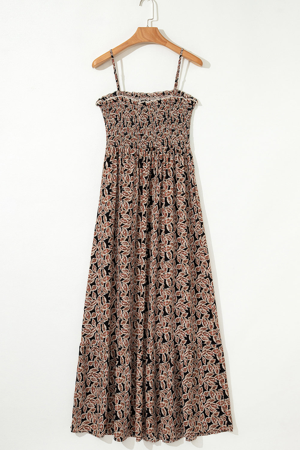 Brown Floral Smocked Bodice High Waist Flowy Sun Dress Floral Dresses JT's Designer Fashion