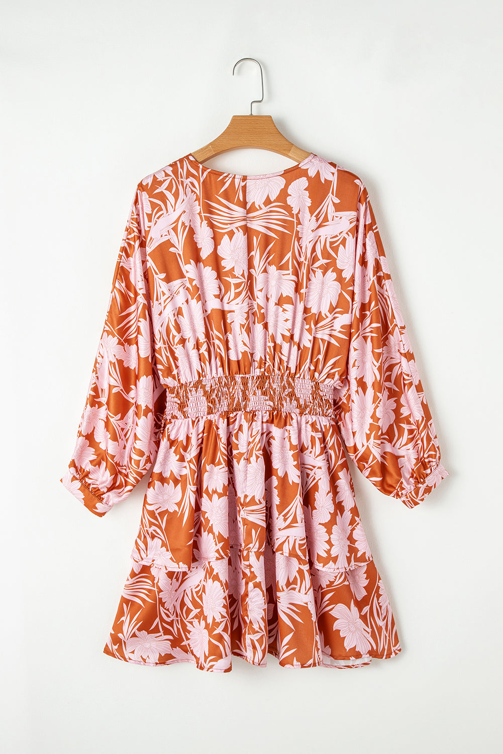 Brown Floral Puff Sleeve Smocked Waist Layered Dress Floral Dresses JT's Designer Fashion