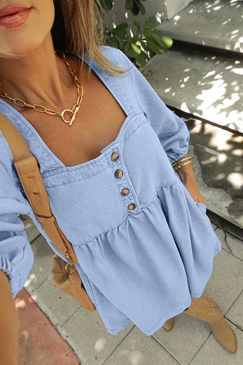 Beau Blue Denim Button Detail Babydoll Square Neck Mini Dress Mini Dresses JT's Designer Fashion