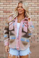 Pink Western Aztec Print Sherpa Splicing Buttoned Flap Pocket Coat Jackets JT's Designer Fashion