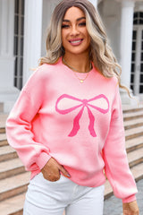 Pink Bow Graphic Drop Shoulder Round Neck Sweater Sweaters JT's Designer Fashion