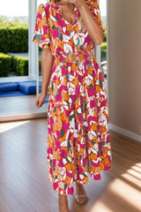 Frill Printed Notched Short Sleeve Midi Dress Floral Maxi Dresses JT's Designer Fashion