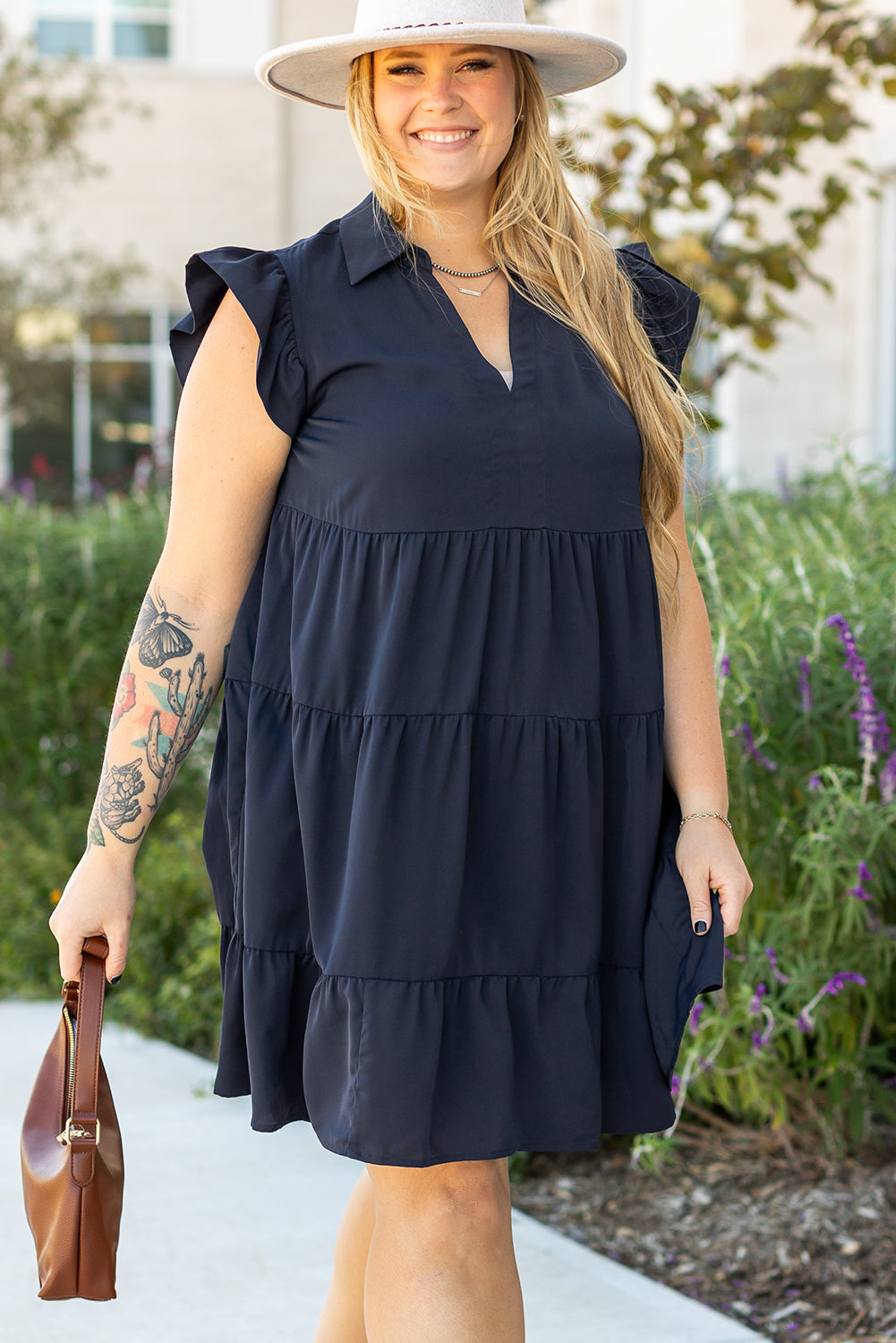 Navy Blue Collared V Neck Flutter Sleeve Tiered Plus Size Dress Plus Size Mini Dresses JT's Designer Fashion