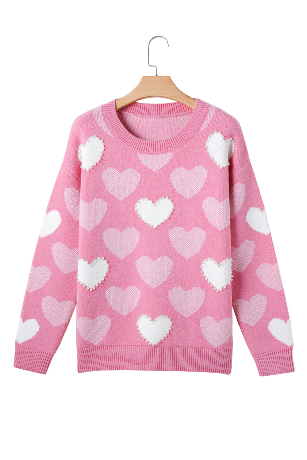 Pink Pearled Heart Print Valentines Crew Neck Sweater Sweaters JT's Designer Fashion