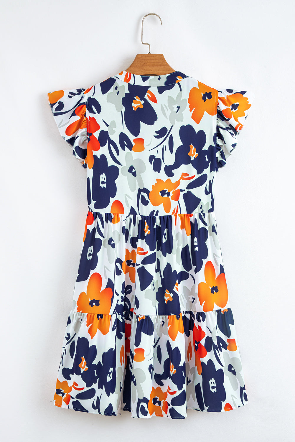 Orange Floral Print Notched Neck Flutter Sleeve Mini Dress Floral Dresses JT's Designer Fashion