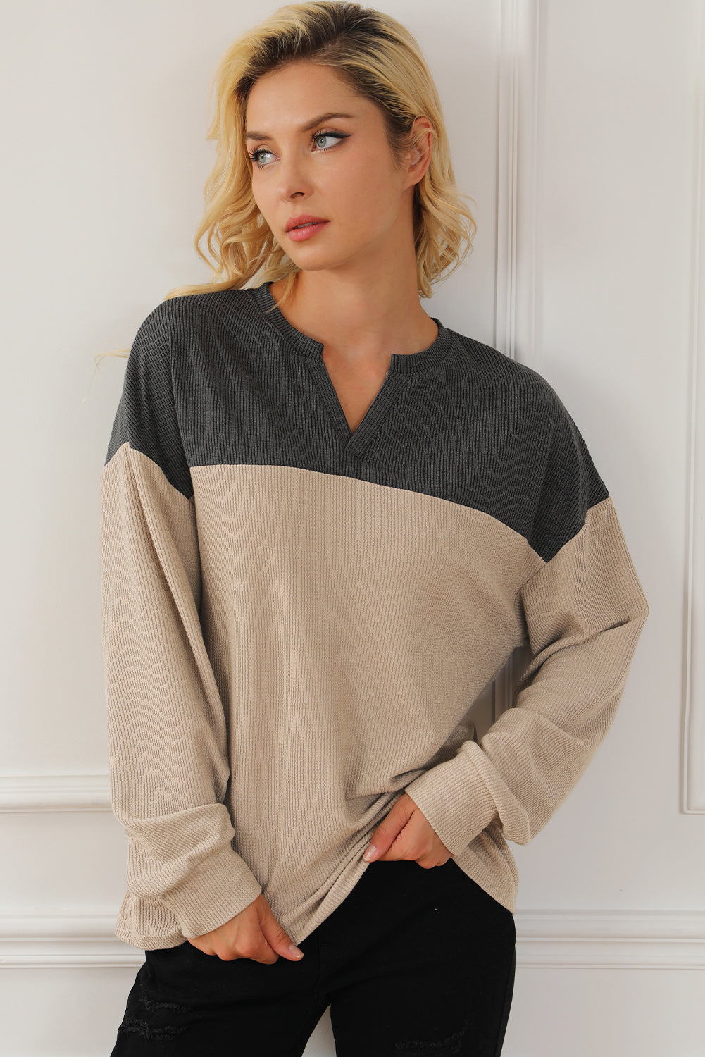 Carbon Grey Notched Neck Colorblock Corded Sweatshirt Sweatshirts & Hoodies JT's Designer Fashion
