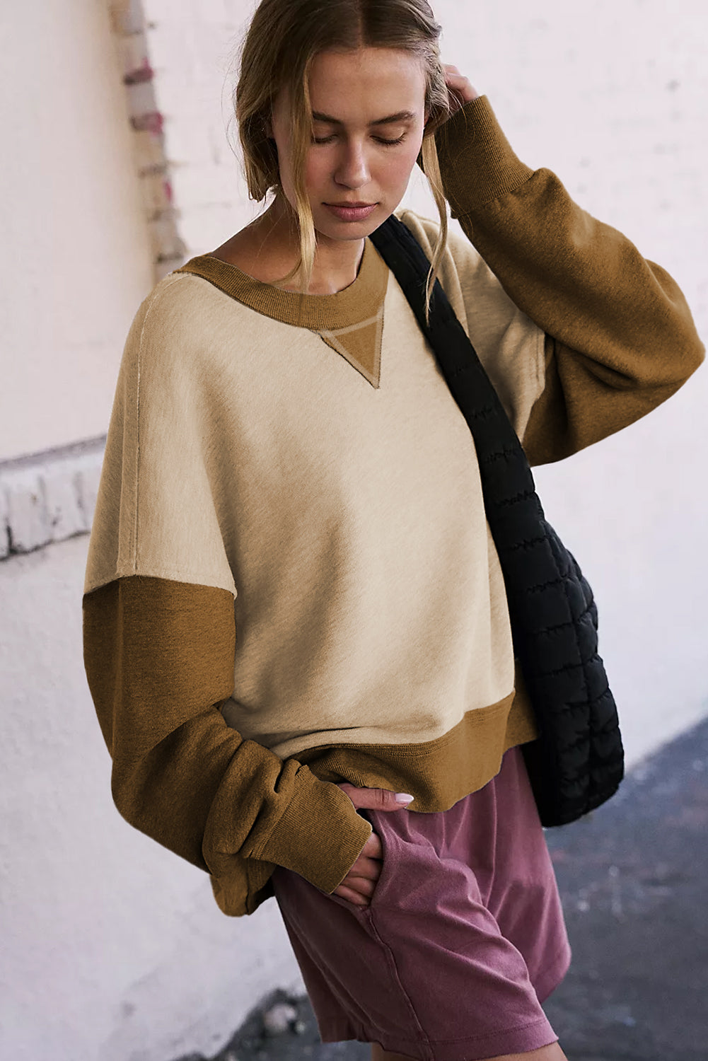 Apricot Color Block Thumbhole Sleeve Drop Shoulder Sweatshirt Sweatshirts & Hoodies JT's Designer Fashion
