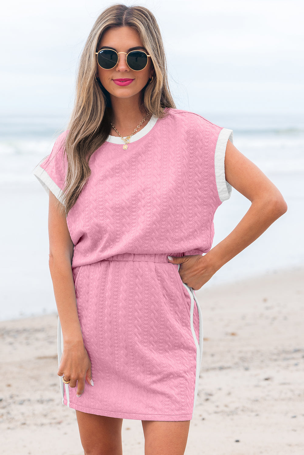 Pink Contrast Trim Textured Crewneck Tee and Pocketed Skirt Set Two Piece Dresses JT's Designer Fashion