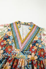 Multicolour Boho Floral Print Crochet Patchwork V Neck Loose Mini Dress Mini Dresses JT's Designer Fashion