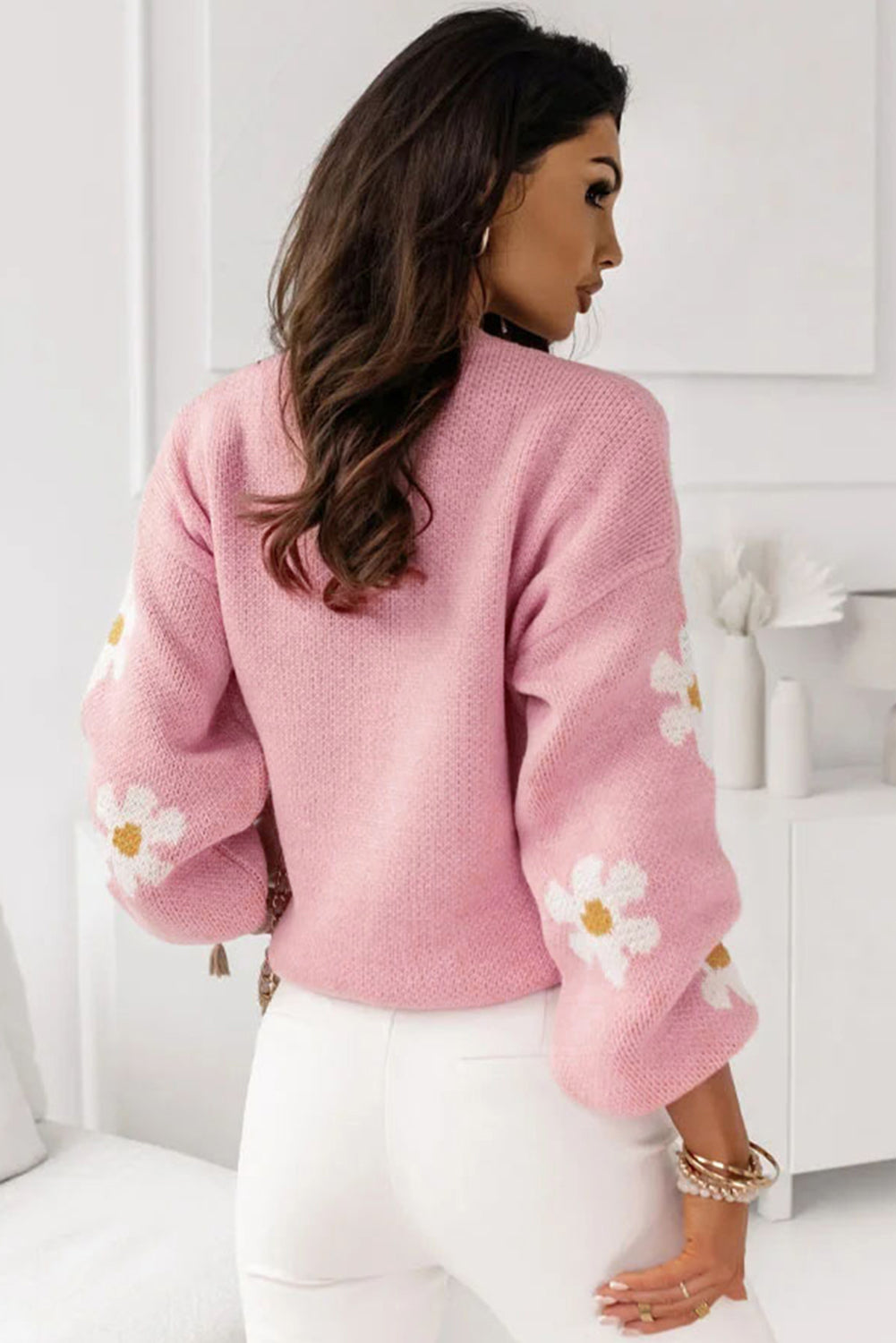 Pink Floral Pattern Drop Shoulder Sweater Sweaters JT's Designer Fashion