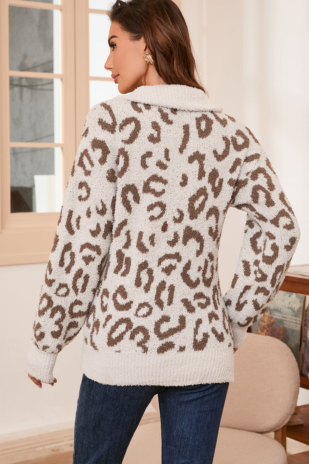 Gray Animal Print Zipped Collared Sweater Sweaters JT's Designer Fashion