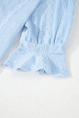 Beau Blue Jacquard Texture Flared Short Sleeve Notched Neck Mini Dress Mini Dresses JT's Designer Fashion