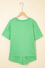 Mint Green V Neck Drop Shoulder Tee and Patchwork Drawstring Elastic Waistband Shorts Set Short Sets JT's Designer Fashion