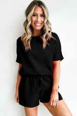 Black Casual Textured Tee and Drawstring Shorts Set Short Sets JT's Designer Fashion